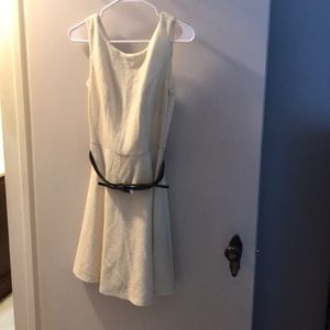CREAM AND GOLD BELTED FIT AND FLARE DRESS